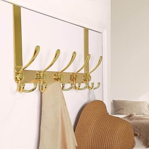 Dseap Over The Door Hook Hanger - Fits 1 3/8" to 1 3/4" Standard Doors | 5 Tri Hooks Heavy Duty Towel/Coat Rack | Door Organizer for Clothes, Jackets, Hats, Towels, Gold thumbnail 7