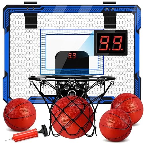 Molutsody Indoor Basketball Hoop for Kids - Over The Door Mini Basketball Hoop with LED Light & Scoreboard, Includes 3 Balls & Air Pump - Basketball Toys Gifts for 4-12 Year Old Boys Girls (Blue) - Image 1