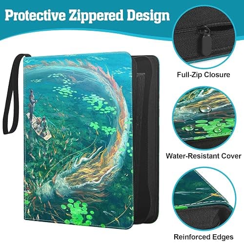 UGYAZX Top Loader Binder, 9 Pocket Holds 360 Toploaders, Acid-Free PVC-Free Side-Loading Pages, Full-Zip PU Binder for Standard 3" x 4" Top Loaders, TCG, MTG & Sports Cards, Blue Lake Dragon thumbnail 5