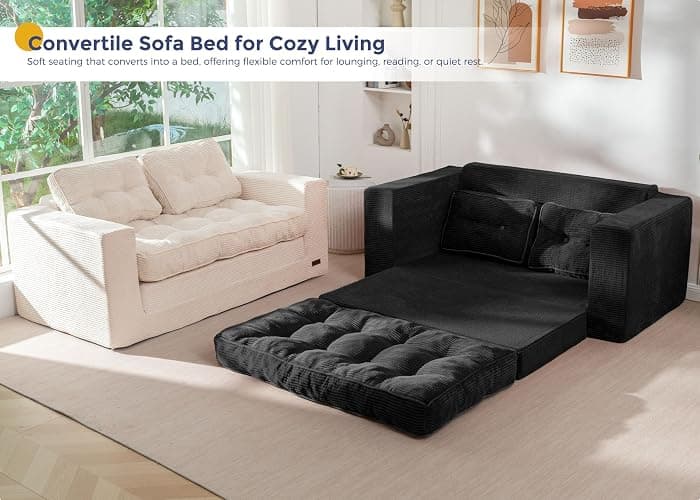 MAXYOYO Folding Sofa Bed, Convertible Sleeper Loveseat with Pillows | 2-Person Fold-Out Loveseat, Convertible Sleeper Bed with Supportive Pillows for Relaxing or Overnight Guests, Black thumbnail 3