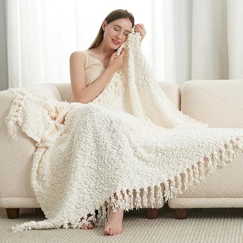 Amélie Home Knit Throw Blanket with Tassels for Couch, Luxury Boho Throw Blanket for Summer Ivory, 50"x60" thumbnail 3
