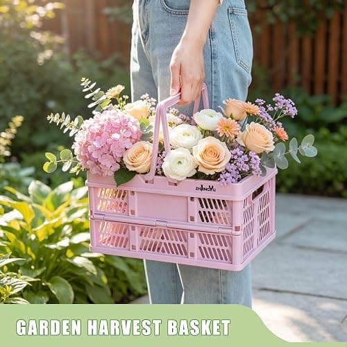 Pink crates for storage,plastic baskets for organizing,14.96" x9.84"x 7.87" collapsible shopping basket,20L foldable crate with Handles,Car Milk Dairy crate for Kitchen,Bathroom,school,office thumbnail 5