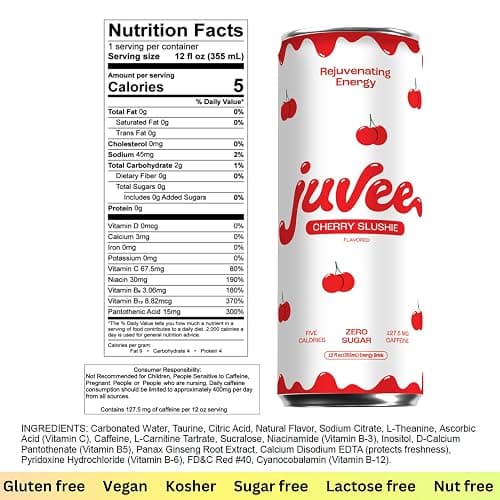 Juvee Rejuvenating Energy Drink – Sugar Free Cherry Slushie Flavor, 12 oz Cans (12-Pack) – 128mg Natural Caffeine, Zero Sugar, Low Calorie, Clean Energy & Focus Booster for Daily Use thumbnail 2
