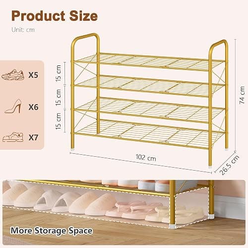 Hoctieon 4 Tier Mesh Style Shoe Rack, Entryway Shoe Shelf, Shoe Storage Organizer, Shoe Rack for Closet, Space Save for Bathroom, Garage, Hallway, Bedroom, Living Room, Gold thumbnail 3