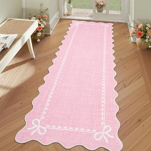 GarveeHome Scalloped Hallway Runner Rug 2.5x10 Non Slip Bedroom Rugs, Pink | Washable Bow Rug for Girls Dorm Nursery Living Room Entyrway Kitchen, Soft Low Pile Ultra-Thin Stain Resistant Indoor Carpet - Image 1