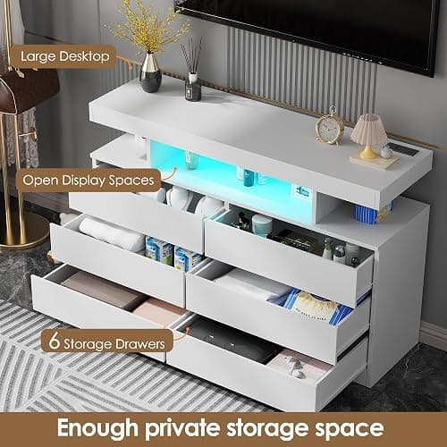 BEWISHOME White Dresser for Bedroom with Charging Station and LED Lights, Wood 6 Drawer Dresser TV Stand with Open Space, Modern Wide Dressers Chest of Drawers for Closet, Living Room, White KCG02W thumbnail 3