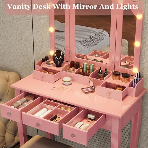 Phonrida Pink Makeup Vanity for Girls Vanity Desk with Mirror and Lights Girls Vanity Desk Vanity with Lights Make Up Vanity Set tocadores para maquillarse con Luces y cajones Vanity Table Set thumbnail 6