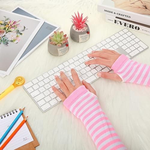 Syhood 2 Pairs Halloween Christmas Punk Gothic Rock Long Arm Warmers Knit Fingerless Gloves Thumb Hole Stretchy Women Stripe thumbnail 2