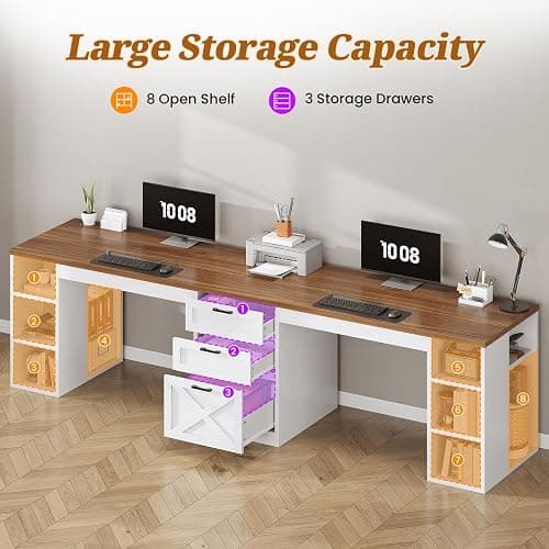 SEDETA Farmhouse 96.5" Computer Desk with Drawers, 2 Person Home Office Desk, Gaming Double Desk with Storage Shelves, Long Two Person Writing Desk (White and Brown) thumbnail 5