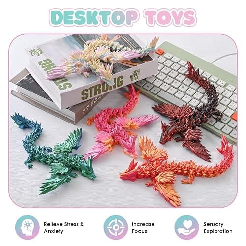 GemmiCho 3D Printed Dragon with Wings, 11" 3D Printed Dragon Toys, 3D Dragon for Stress Relief, 3D Printed Animals Figurines Fidget Dragon Toys (Silver Blue) thumbnail 4