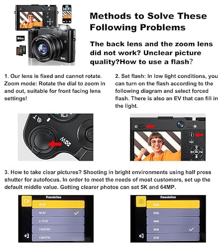 Digital Camera, 6X Optical Zoom & WiFi, 5K 30FPS 64MP Vlogging Camera, Rear and Front Cameras for Photography and Video, Autofocus & Anti-Shake, Travel Selfie for YouTube with Flash Dial 64GB Card thumbnail 8