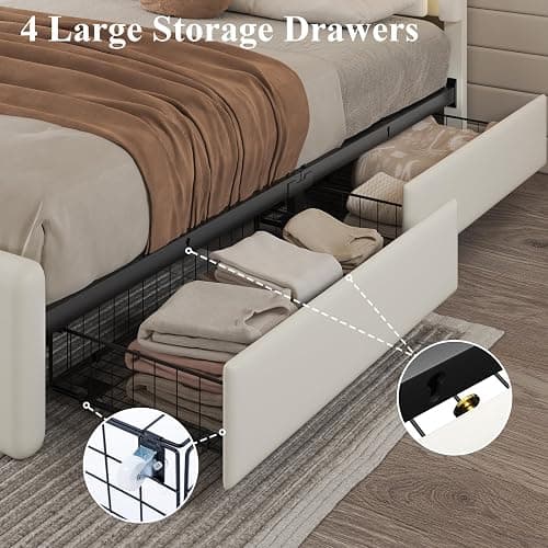 Full Size Bed Frame with 4 Storage Drawers, Upholstered Headboard, White | Modern Bed, Charging Station, LED Light, Adjustable Height Headboard, Noise-Free, No Box Spring Needed, Easy Assembly thumbnail 6