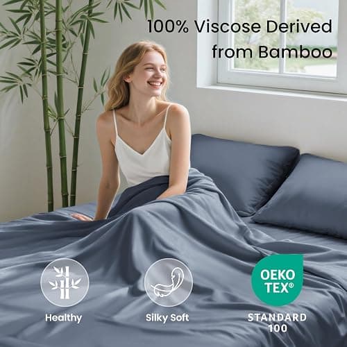 Love's cabin 4 Piece Full Size Sheet Set, 100% Rayon Derived from Bamboo, Cooling & Breathable, Soft Silky Deep Pocket up to 16", Hotel Luxury Bedding for Hot Sleepers, Bluish Grey thumbnail 2