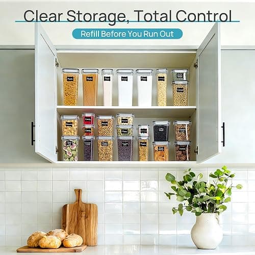 Airtight Food Storage Containers with Lids, Vtopmart 24 pcs Plastic Kitchen and Pantry Organization Canisters for Cereal, Dry Food, Flour and Sugar, BPA Free, Includes 24 Labels，Black thumbnail 7