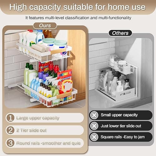 ADBIU Under Sink Organizer 2 Pack, Adjustable Height (11"-15.75") Under Cabinet Storage, 2 Tier Pull Out Sliding Drawers for Kitchen Bathroom, Heavy Duty Metal Shelf, White thumbnail 7