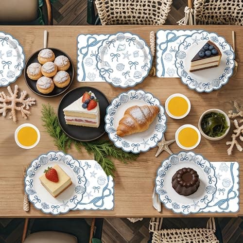 Seashell Party Decorations Ocean Sea shell Party Plates Supplies Blue Bow Seashell Paper Plates Napkins Tablecloth for The Summer I Turned Pretty Party Decorations, Serves 24 thumbnail 2