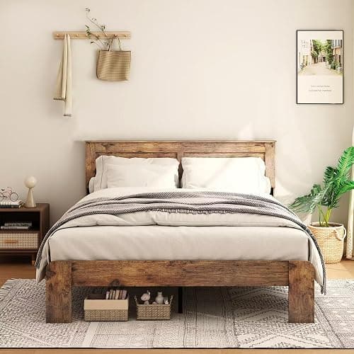 NNOOTK King Size Bed Frame, Rustic Vintage Platform Bed Frame with Wood Headboard and Footboard, 12 Wood Slats Support, No Box Spring Needed (Dark Brown, King) - Image 1