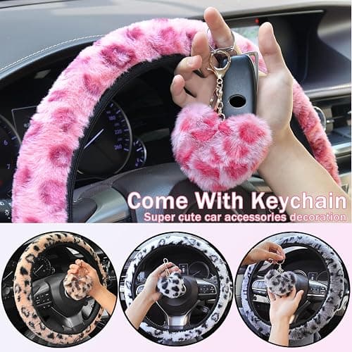 Muamos Leopard Steering Wheel Cover with Keychain, Elastic Fuzzy Fur Cheetah Car Steering Wheel Protector Women Girl Car Accessories Universal Fit 15 inch Fit Auto, Suvs, Truck- Pink thumbnail 2