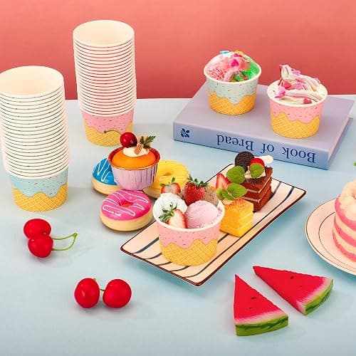 50 Pack Paper Ice Cream Cups 9oz Dessert Paper Bowls Disposable Ice Cream Party Bowls 2 Designs Treat Snack Cups for Hot or Cold Food Sundae Frozen Yogurt Soup Party Supplies thumbnail 2