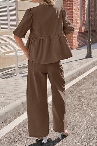 Tankaneo Womens 2 Piece Linen Sets V Neck Puff Sleeve Matching Set | Babydoll Top, Wide Leg Pants, Loose Fit, Summer Vacation Outfit, Beach, Resort, Cute Casual, Breathable Linen thumbnail 3