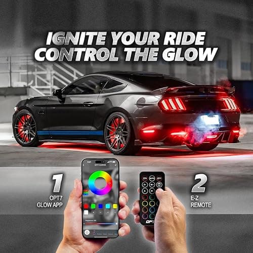 OPT7 Aura Pro Underglow LED Lights Kit for Car with APP & Remote Control, RGB Multicolor Modes, Music Sync, Waterproof Rigid Aluminum Light Bar, Exterior Neon Accent Underbody Lighting Kit thumbnail 4
