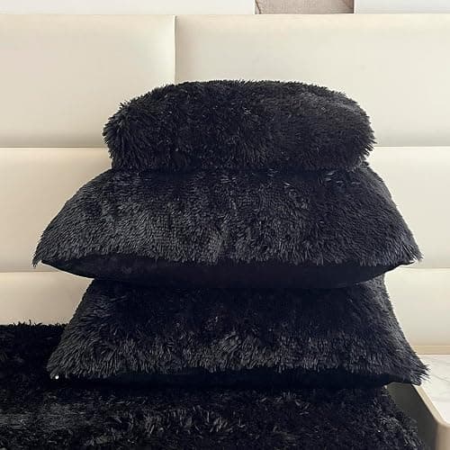 chovy Faux Fur Black Full Sheet Set with Extra Soft Plush Velvet Flannel Fluffy Fuzzy (Pillowcase x 2, Flat Sheet x 1, Fitted Sheet x 1) thumbnail 4