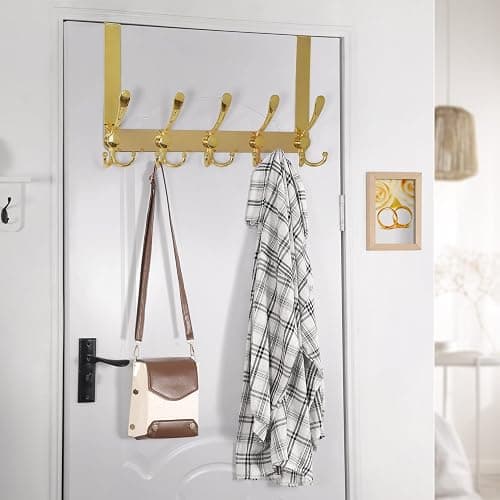 Dseap Over The Door Hook Hanger - Fits 1 3/8" to 1 3/4" Standard Doors | 5 Tri Hooks Heavy Duty Towel/Coat Rack | Door Organizer for Clothes, Jackets, Hats, Towels, Gold thumbnail 2