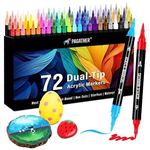 Pagather 72 Colors Acrylic Paint Markers, Dual Tip with Fine Tip and Brush Tip Pens for Stone, Wood, Calligraphy, Canvas, Ceramic, Metal, Glass, Rock Painting, DIY Crafts thumbnail 8