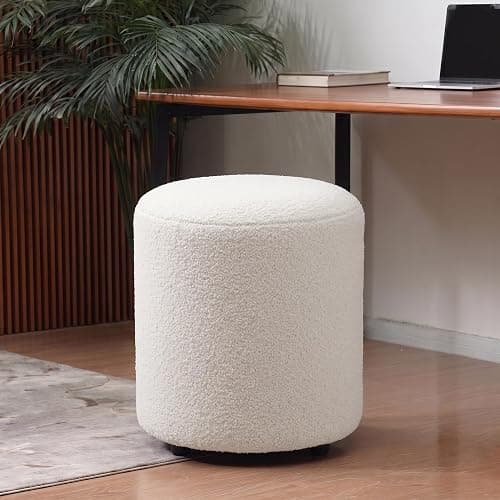 gusohey Modern Round Vanity Stool, Small Ottoman, Cute Fabric Foot Stool, Teddy Fleece Footrest, Upholstered Vanity Chair, Stool for Makeup, Bedroom, Living Room (1, Round-White) thumbnail 3