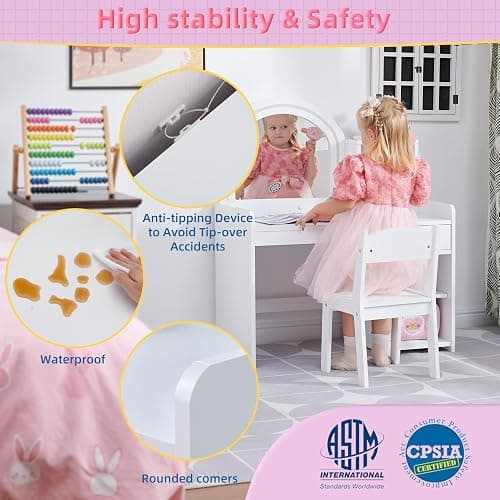 BXKX Kids Vanity with Lights, Vanity Set with Drawer and Storage Shelves, 2 in 1 Toddler Vanity with Lighted Mirror, Girls Vanity Set with Stool for Little Girls (White) thumbnail 6