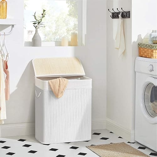 SONGMICS - Laundry Basket with Lid - Bamboo Laundry Basket with 2 Sorting Compartments, Removable Bag, Cotton Handles - Volume 100L, for Laundry Room, Bedroom - White -LCB64WT thumbnail 4