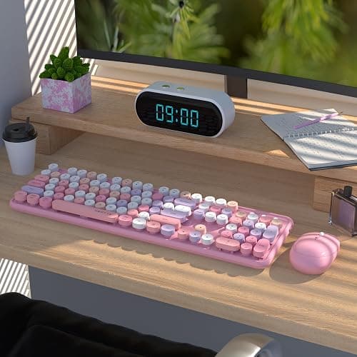 UBOTIE Colorful Computer Wireless Keyboard Mice Combo, Retro Typewriter Flexible Keys Office Full-Sized Keyboard, 2.4GHz Dropout-Free Connection and Optical Mouse (Pink-Colorful) thumbnail 2