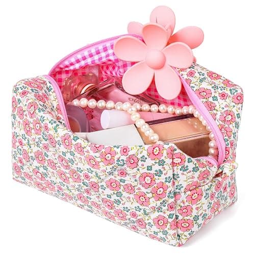 SOIDRAM Pink Makeup Bag Floral Cosmetic Bag Puffy Coquette Makeup pouch Aesthetic Cute Quilted Travel Toiletry Bag Organizer cotton Makeup Brushes Storage Bag for Women thumbnail 8