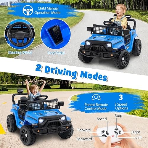 Costzon 12V Kids Ride on Car Truck with Remote Control (Blue, 34"×23"×21") | Foldable Mirrors, 3 Speeds, LED Lights, Music & Horn, Battery Powered Electric  Vehicle for Toddlers, Ride on Toys thumbnail 4