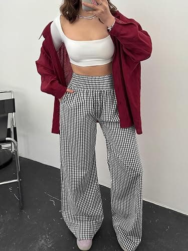 ANRABESS Womens Striped Gingham Wide Leg Palazzo Pants with Pockets | Smocked High Waisted Pajama Pants, Lounge & Casual, Fall Spring Summer Loungewear, Cute Pj Pants thumbnail 8