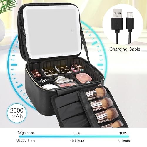 Relavel Travel Makeup Bag With LED Mirror, Cosmetic Train Case with Light up Mirror, Portable Makeup Artist Organizer Bag with Adjustable Dividers, Makeup Brush Holder Storage, Black thumbnail 4