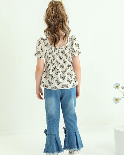 Kucnuzki Toddler Kids Girls Clothes Short Sleeve Shirt Top Flare Denim Jeans 2 Piece Outfits For Girls Cute Clothing Set thumbnail 3