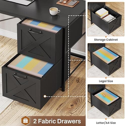 SEDETA Reversible L Shaped Corner Gaming Desk with Drawers, Led Lights | Corner Computer Desk with Fabric Drawers, Power Outlet, Hutch and Storage Shelf for Home Office, Black thumbnail 6