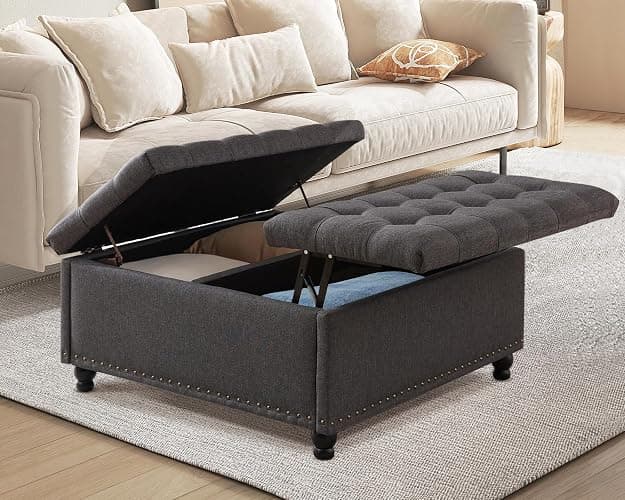 UTOASIS 35.5" Large Square Ottoman with Storage, Tufted Upholstered Storage Ottoman with Lift Top & Solid Legs for Bedroom Room, Extra Large Coffee Tables Bench for Living Room as Footstool (Grey) - Image 1