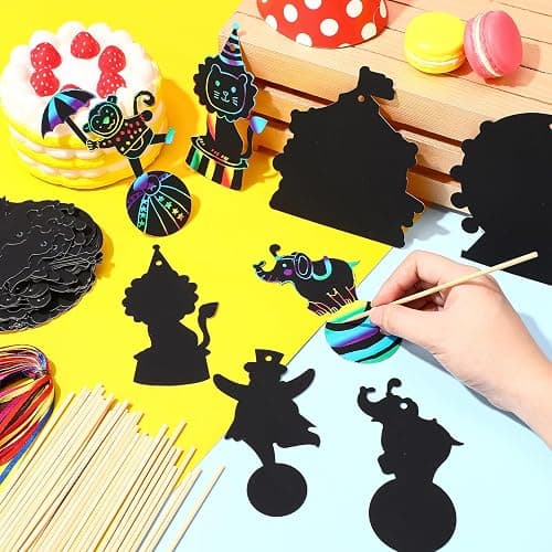 RoundFunny 80 Pcs Carnival Cutouts Scratch Cards Circus Theme Party Crafts Kids Colorful Circus Animals Scratch Paper for DIY with 80 Pcs Stick and Ribbon for Birthday Party Classroom Rewards Art thumbnail 3