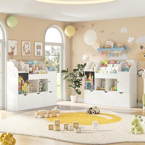 Vabches 47.3'' Kids Bookshelf with Chalkboard, Toy Storage Organizer, 3 Movable Drawers, Boys and Girls Toy Shelf, 4-Tier Children Bookcase for Playroom, Nursery, Bedroom,Living Room (White) thumbnail 5