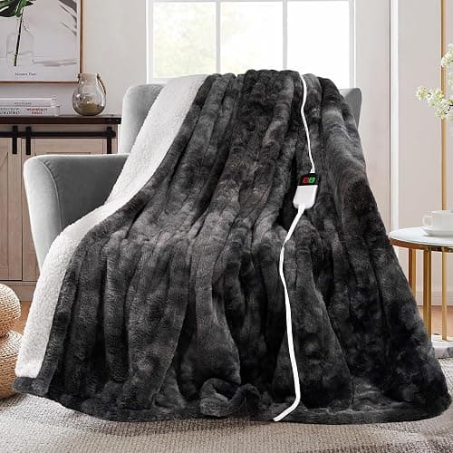 MAXEVE Electric Heated Throw Faux Rabbit Fur Blanket 8 Heating Levels | 8-Hour Auto Off, Fast Heating, Warm, Washable, Over-Heat Protection, ETL Certified, Grey - Image 1