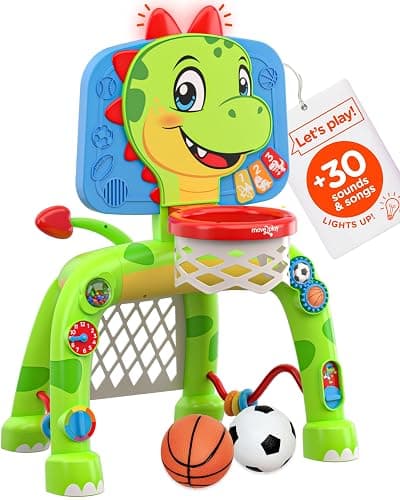 Move2Play, Dinosaur Basketball Hoop & Soccer Goal Activity Center | 30+ Sounds & Songs + 5 Lights | 1 2 3 Year Old for Boys and Girls | Toy & Gift for Baby & Toddlers thumbnail 2