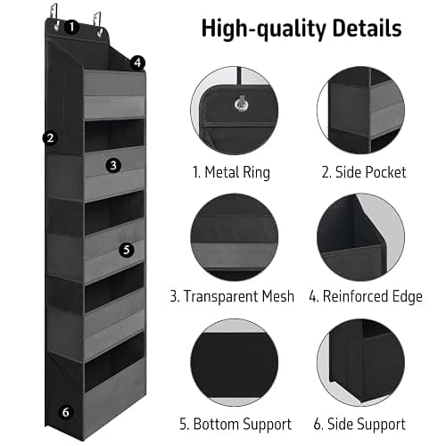 TYMENSH Over Door Organizer with 5 Large Pockets, Heavy Duty Hanging Organizer Storage, Closet Bathroom Nursery Bedroom Dorm, Toys Cosmetics Sundries and Baby Essentials, Black thumbnail 3