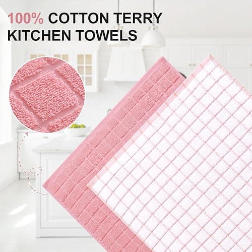 Homaxy Premium Cotton Kitchen Towels 16"x 28", Large Natural Ring Spun 390 GSM Dish Towels, Super Absorbent Terry Kitchen Hand Towels, Soft Tea Towels with Hanging Loop, Pink Check Design, 6 Pack thumbnail 4