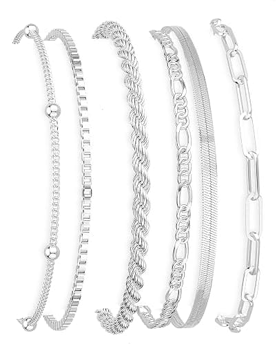 DEARMAY Dainty Silver Plated Bracelets for Women Trendy, Silver Jewelry Set for Women Bracelets for Women Paperclip Box Herringbone Figaro Rope Chain Bracelet Fashion Pack Gifts for Women - Image 1