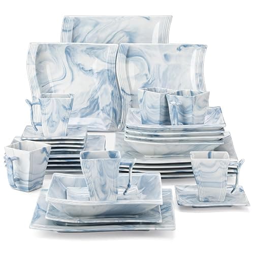 MALACASA Dinnerware Sets for 6, 30 Piece Porcelain Plates and Bowls Sets, Square Dish Set with Dinner Plate and Bowl, Cup and Saucer, Blue Dishes Dinnerware Set, Modern Dishware Sets, Series Flora - Image 1