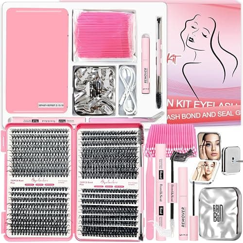 Qiveaory DIY Lash Extension Kit with 720pcs Lashes Clusters,1X/2X Magnification Compact Mirror with Light,Lash Bond and Seal,Eyelash Remover Tweezers Applicator Mascara Brush(10-18mm,30-60D Curl) - Image 1