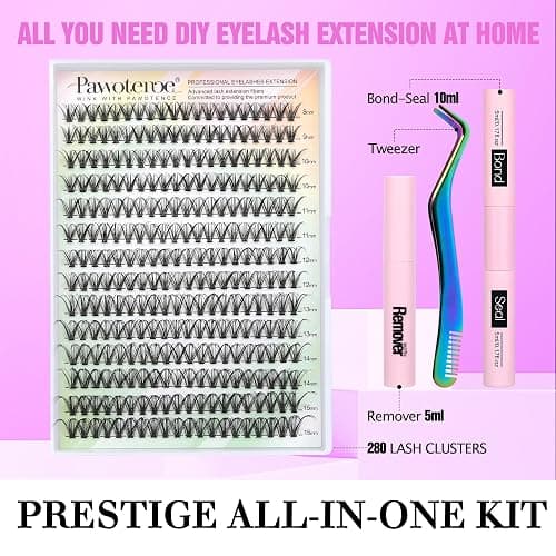Pawotence Lash Extension Kit DIY 280pcs Individual Lash Clusters Kit 30D Cluster Eyelash Extensions Kit with Lash Bond and Seal, Lash Remover, Lash Tweezers for Self Use (30D, 8-15mm, All Kit) thumbnail 2