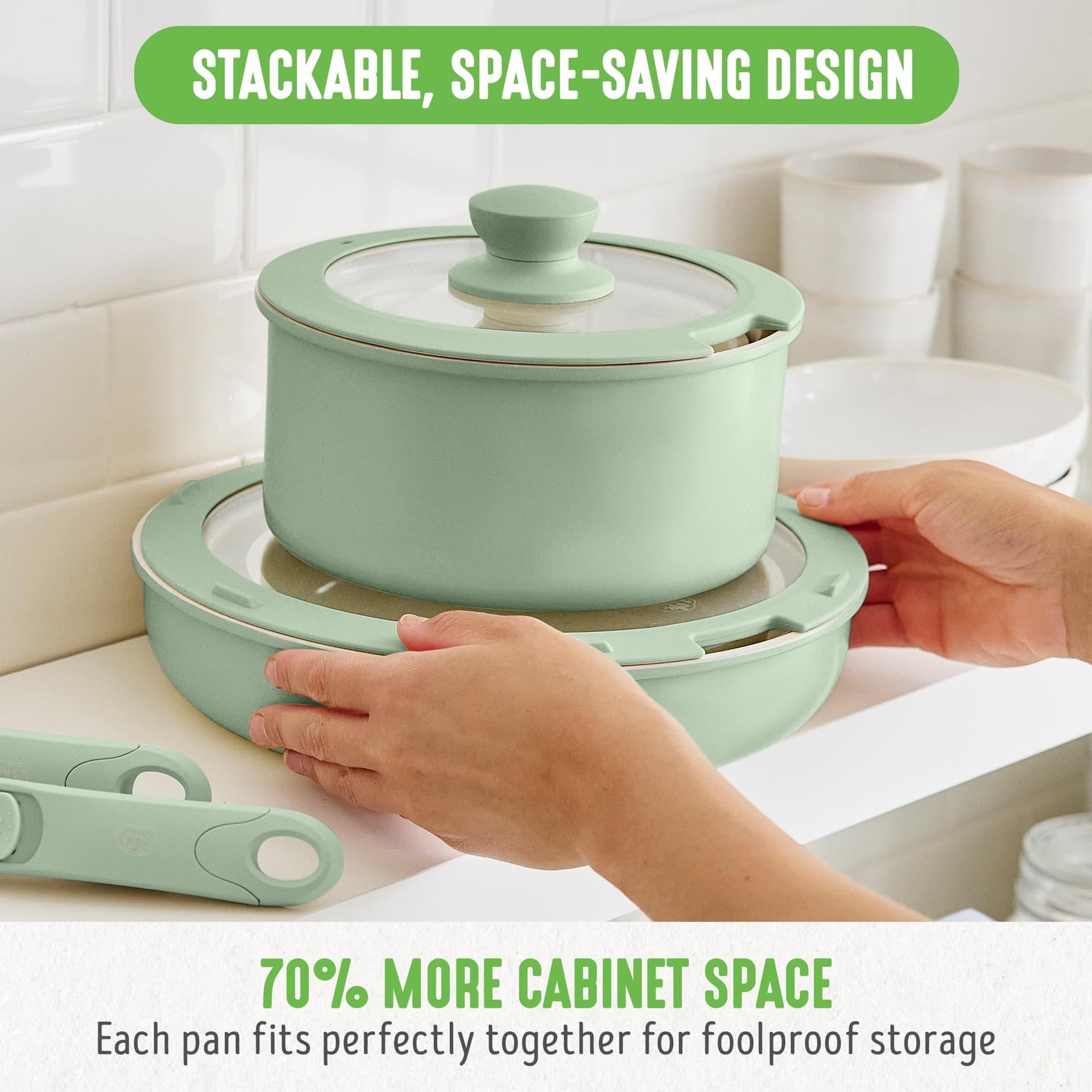 GreenLife Click 10-Piece Ceramic Nonstick Cookware Set, Detachable Handle, Stackable Space Saving Kitchen Essential, Non Toxic PFAS-Free Pots & Pans, Induction & Oven Safe, Glass Lid, Sage Green thumbnail 5